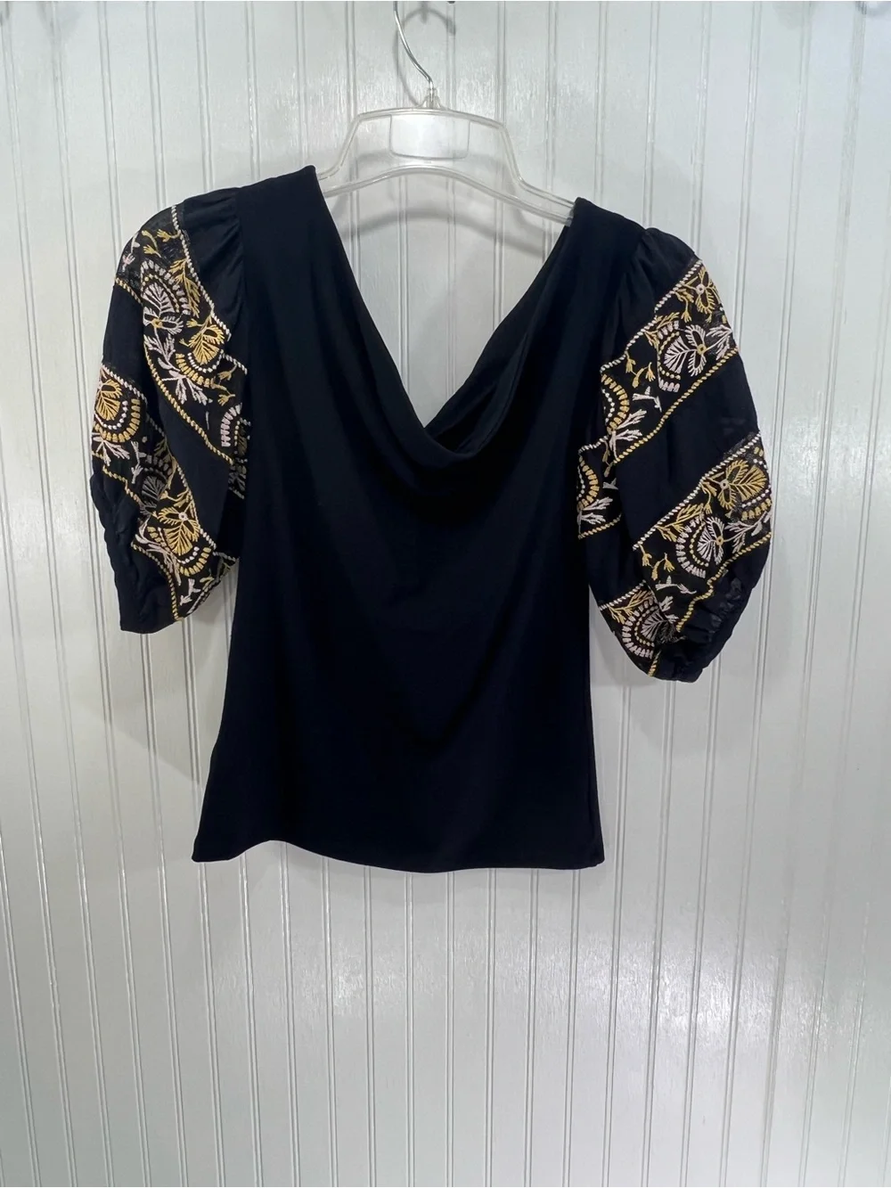 Free People Black Off-Shoulder Puff Sleeve Top with Yellow & White Embroidery M
